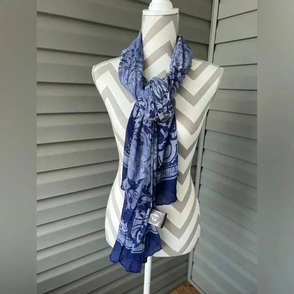 Vintage English Eccentrics London Chiffon Silk Blue Floral Scarf - Picture 3 of 5